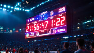A photograph of capture a photograph of a vibrant led digital football scoreboard in action during a game