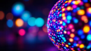 A photograph of a vibrant led lamp ball glowing in a darkened setting