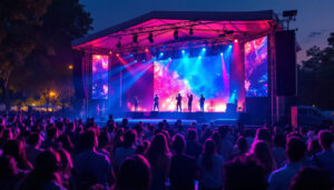 A photograph of a vibrant outdoor event featuring a used portable stage with an led display in action