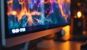 A photograph of a sleek desktop monitor displaying vibrant colors and graphics