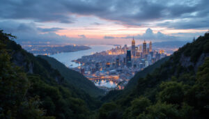 A photograph of a stunning landscape or cityscape that showcases the expansive field of view offered by ultra wide screen resolutions