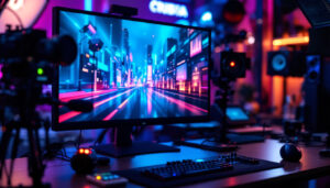 A photograph of a broadcast monitor displaying vibrant
