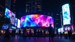 A photograph of capture a photograph of a vibrant led display in a busy urban setting