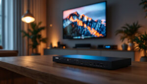 A photograph of a sleek hdmi matrix switcher in a modern home entertainment setup