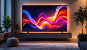A photograph of capture a photograph of a sleek 50-inch plasma tv displaying a vibrant led screen image in a modern living room setting