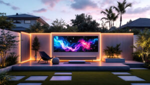 A photograph of a modern outdoor space featuring a sleek privacy fencing screen integrated with a vibrant led display