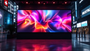 A photograph of a vibrant led display showcasing various screen dimensions in a dynamic urban setting