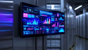 A photograph of a modern led display showcasing vibrant graphics and information in a secure storage facility setting