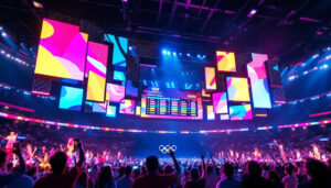 A photograph of a vibrant led display showcasing the olympics schedule