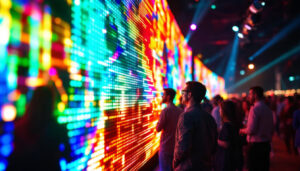 A photograph of a vibrant event scene featuring a stunning led display in use