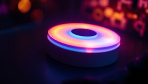 A photograph of a close-up shot of a touch light with an led display