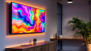 A photograph of a modern interior featuring an led display mounted on a wall