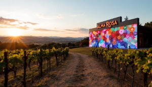 A photograph of capture a photograph of the vibrant led display at alma rosa winery and vineyards