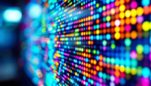A photograph of a close-up of a vibrant led display showcasing dynamic colors and patterns