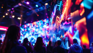 A photograph of a vibrant led video wall in a dynamic event setting