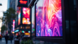 A photograph of a vibrant led display showcasing dynamic visuals in an urban setting
