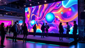 A photograph of a vibrant temporary wall rental setup featuring an eye-catching led display in an event setting