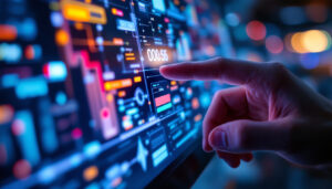 A photograph of a close-up of a vibrant tft lcd touch screen displaying an interactive interface