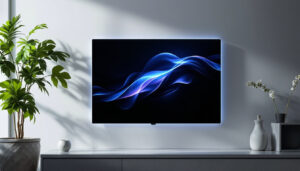 A photograph of capture a photograph of a sleek 25-inch wide cabinet featuring an led display