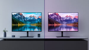 A photograph of a side-by-side comparison of two led displays showcasing the differences between displayport 2.1 and 1.4 in terms of resolution and color vibrancy