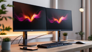 A photograph of capture a photograph of a sleek 27-inch dual monitor setup on a stylish stand