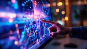 A photograph of a sleek 4k touch monitor displaying vibrant
