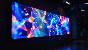 A photograph of a vibrant led display in a dimly lit environment