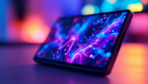 A photograph of a close-up shot of a small lcd screen displaying vibrant led graphics