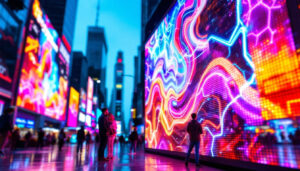 A photograph of a vibrant led display in a dynamic urban setting