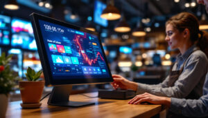 A photograph of a vibrant point of sale monitor displaying a clear and visually appealing led interface