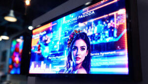 A photograph of a close-up of a vibrant led display showcasing the piercing pagoda logo and service agreement details
