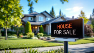A photograph of a modern led display showcasing a "house for sale" sign in front of an appealing home in beaverton