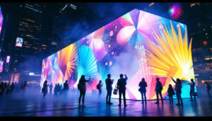 A photograph of a dynamic urban scene featuring a vibrant led display showcasing colorful visuals