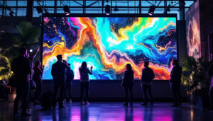 A photograph of a vibrant led display in a dynamic setting