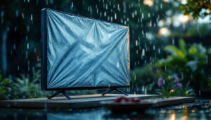 A photograph of a weatherproof tv cover in an outdoor setting