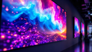 A photograph of a vibrant led display showcasing a dynamic image or video on a large monitor screen