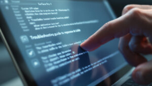 A photograph of a close-up shot of a surface pro 7 with its screen displaying a troubleshooting guide