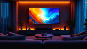 A photograph of a modern home theater setup featuring a high-quality led display