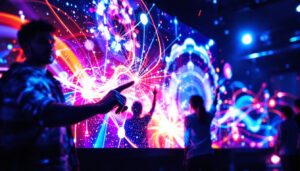 A photograph of a vibrant multitouch led display in action
