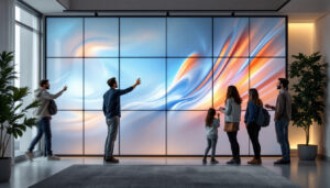 A photograph of a stylish wall panel room divider featuring an integrated led display