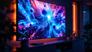 A photograph of a vibrant led display showcasing a 4k video in action