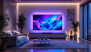 A photograph of a stunning living room setup featuring a massive 200-inch led tv as the focal point