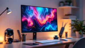 A photograph of a sleek 22-inch led desktop monitor displaying vibrant visuals