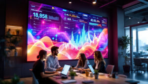 A photograph of a modern office environment featuring a vibrant led digital display screen in use