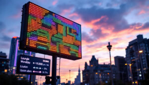 A photograph of a vibrant led sign board in an urban setting