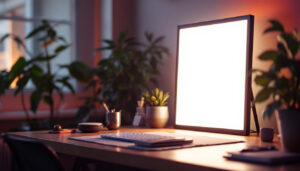 A photograph of a sleek 12x12 led light panel in a well-lit environment