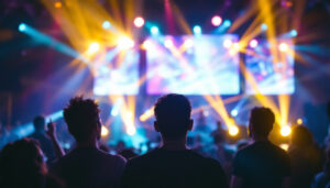 A photograph of capture a photograph of a vibrant church service featuring line array speakers prominently displayed alongside an led screen