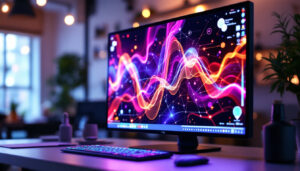A photograph of a sleek touchscreen computer monitor displaying vibrant led graphics in a modern workspace setting