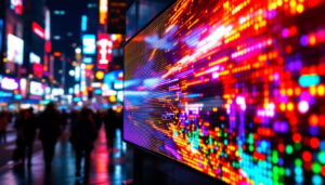 A photograph of a vibrant led display panel in action