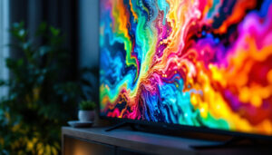 A photograph of a close-up view of a vibrant led tv panel displaying vivid colors and sharp images